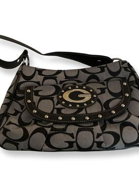 G bag Black and Gray Signature Canvas Shoulder Bag with Studded Flap
